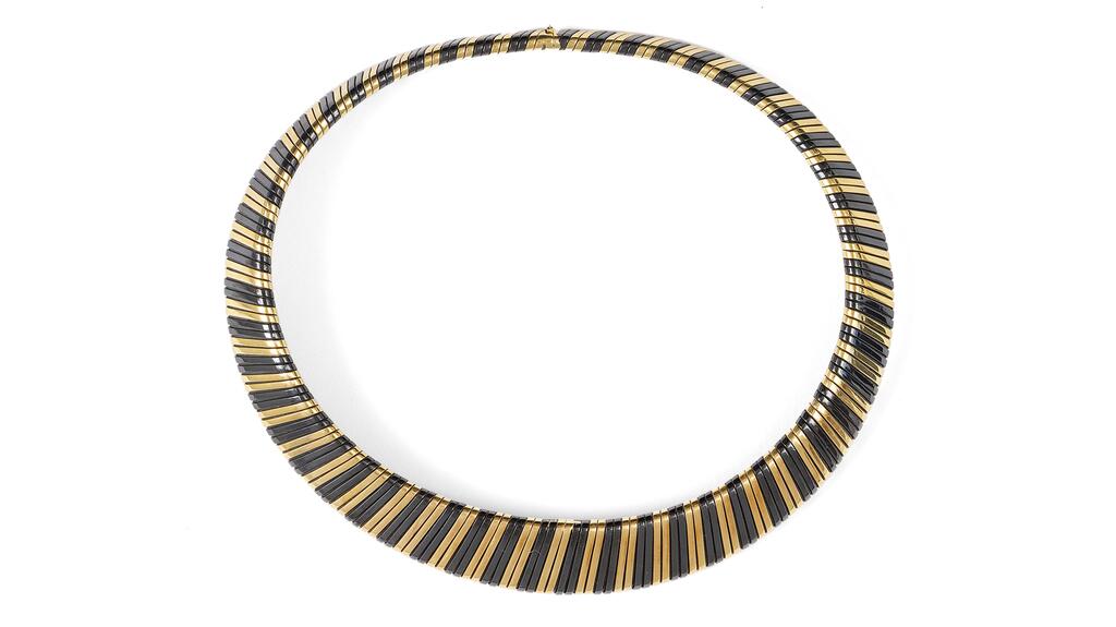 Lot #9 in the first selection of pieces for sale on The Vintage Notebook is this 18-karat yellow gold and oxidized black gold necklace, which retails for $7,800. “This collar screams boss lady, à la Jackie Collins,” Jenna Blake Grosfeld says on site. 20230628_vintage collar necklace.jpg